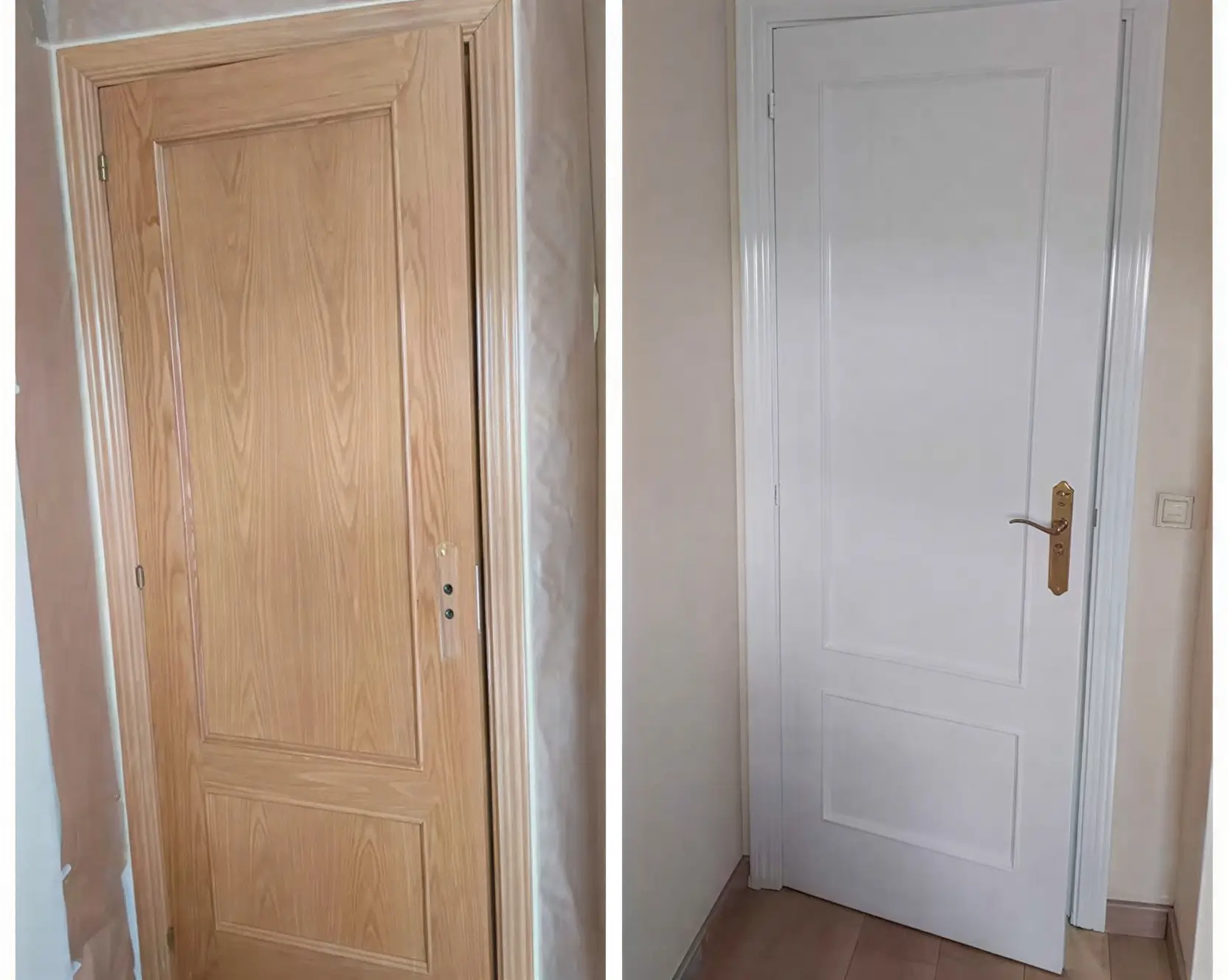 Antes y después de lacar puerta de madera en blanco por Los Pintores Getafe
