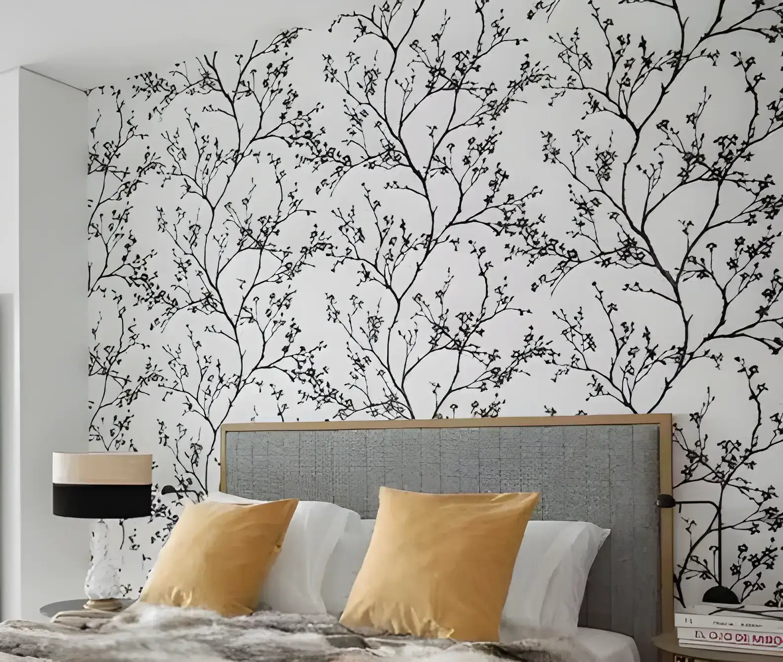 Los Pintores Getafe instalando papel pintado de ramas en cabecero de dormitorio moderno
