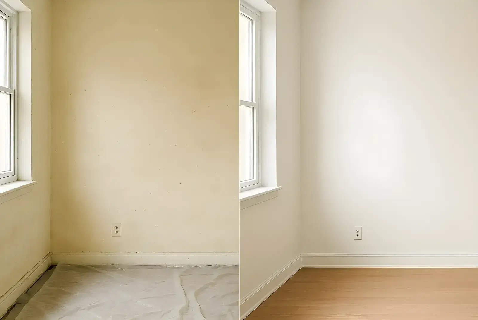 Antes y después de pintura interior en salón, trabajo de Los Pintores Getafe con paredes renovadas